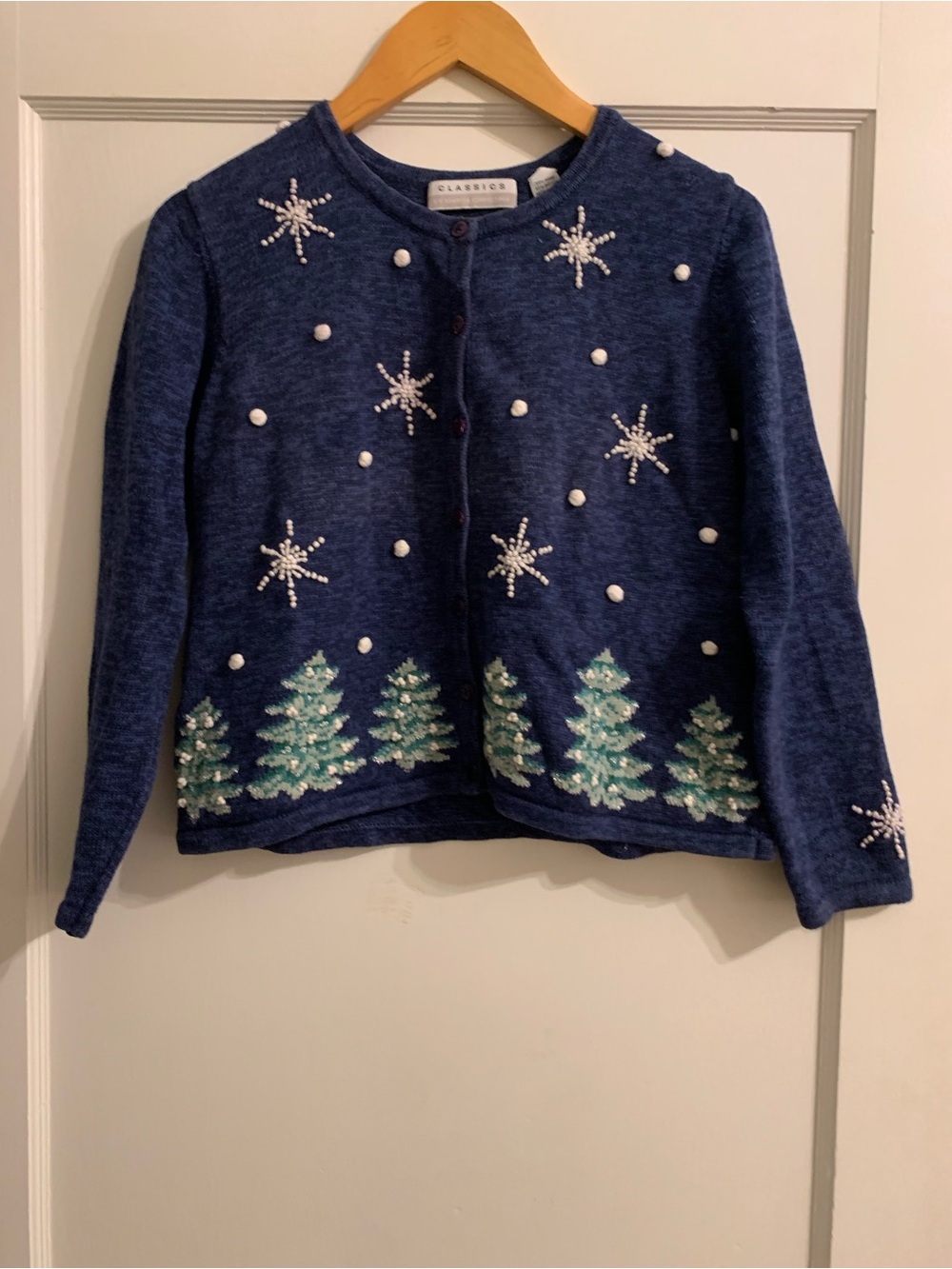 Marisa Christina Navy Blue Holiday Cardigan with Tree & Snowflake Motif